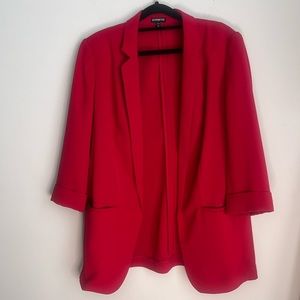 Cherry Red Open Peak Lapel Three Quarter Sleeve Blazer | EXPRESS